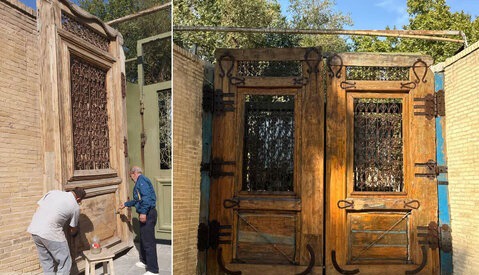 پایان مرمت اولیه در چوبی تاریخی باغ‌موزه چهلستون اصفهان